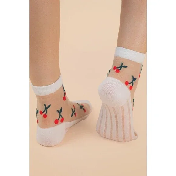 SC10033A-1 W Very J Cherry Embroidered Mesh Ankle Socks White One Size - Picture 4 of 4